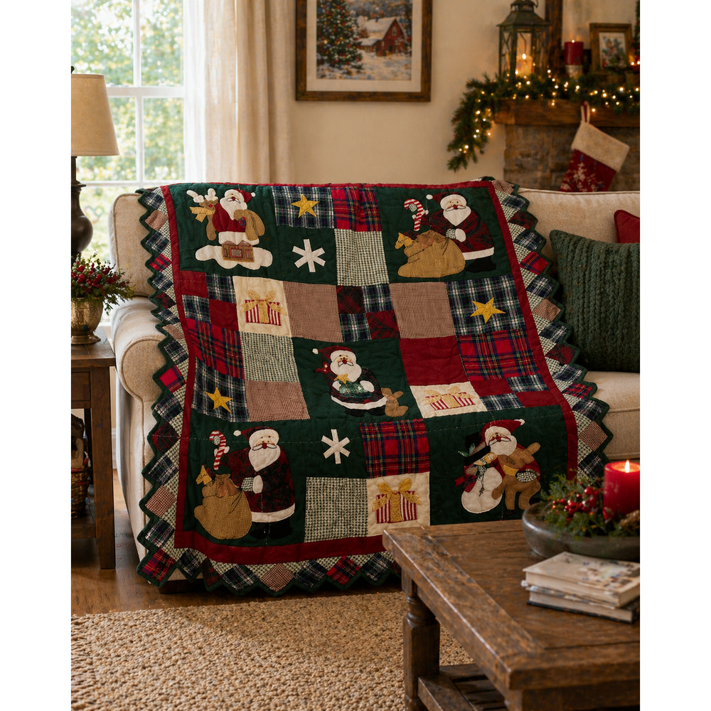 Santa Claus Christmas Patchwork Throw Blanket Holiday Season Green Multicolor